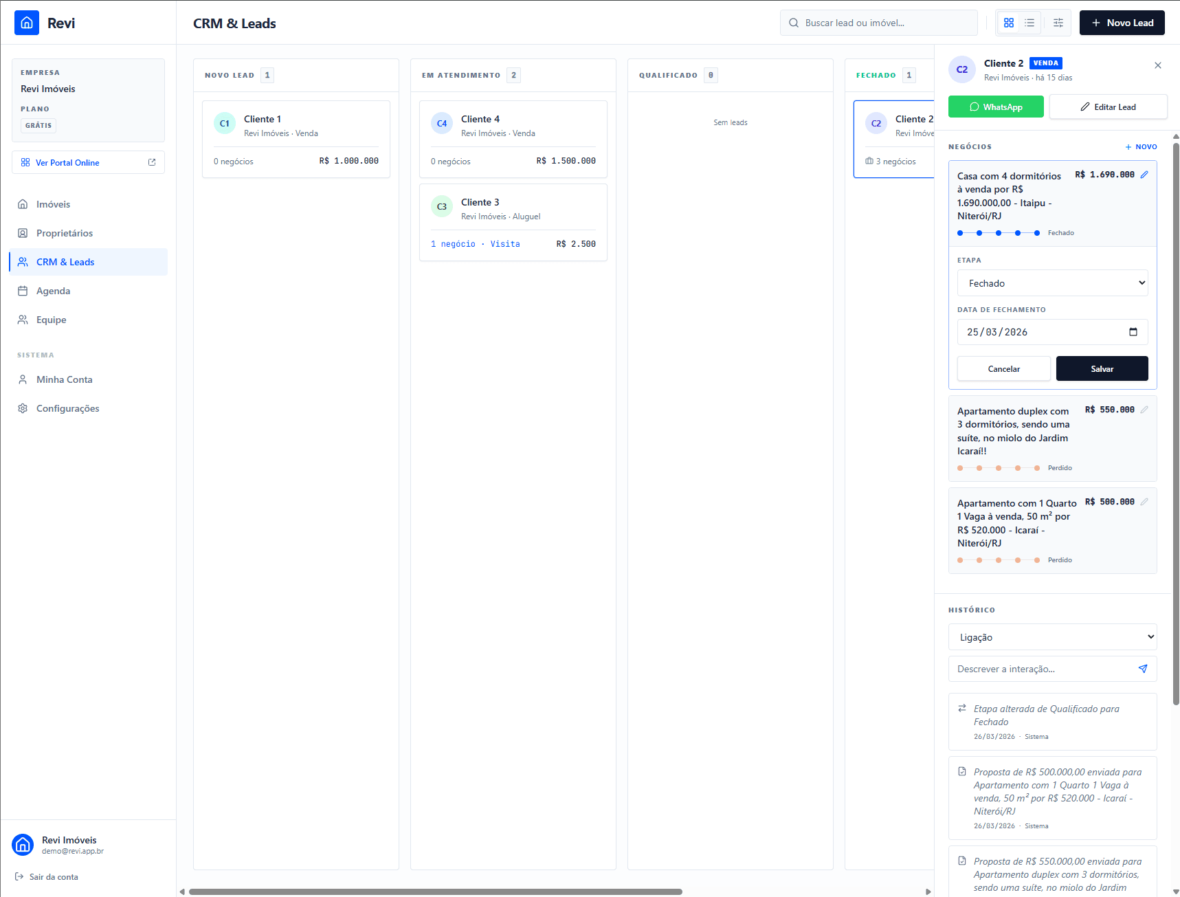 Edição inline de negócio com mudança de etapa