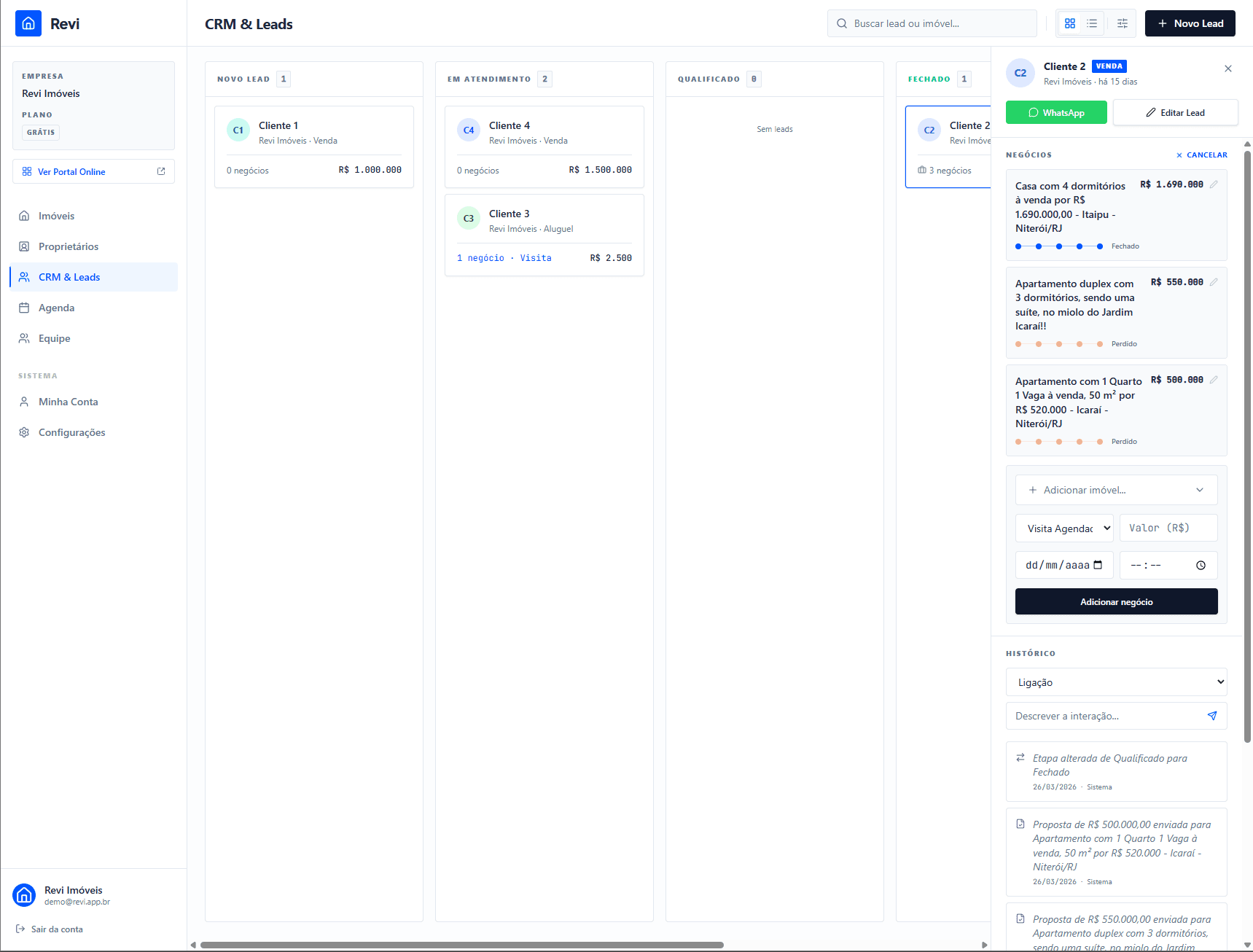 Formulário de novo negócio com seletor de imóvel