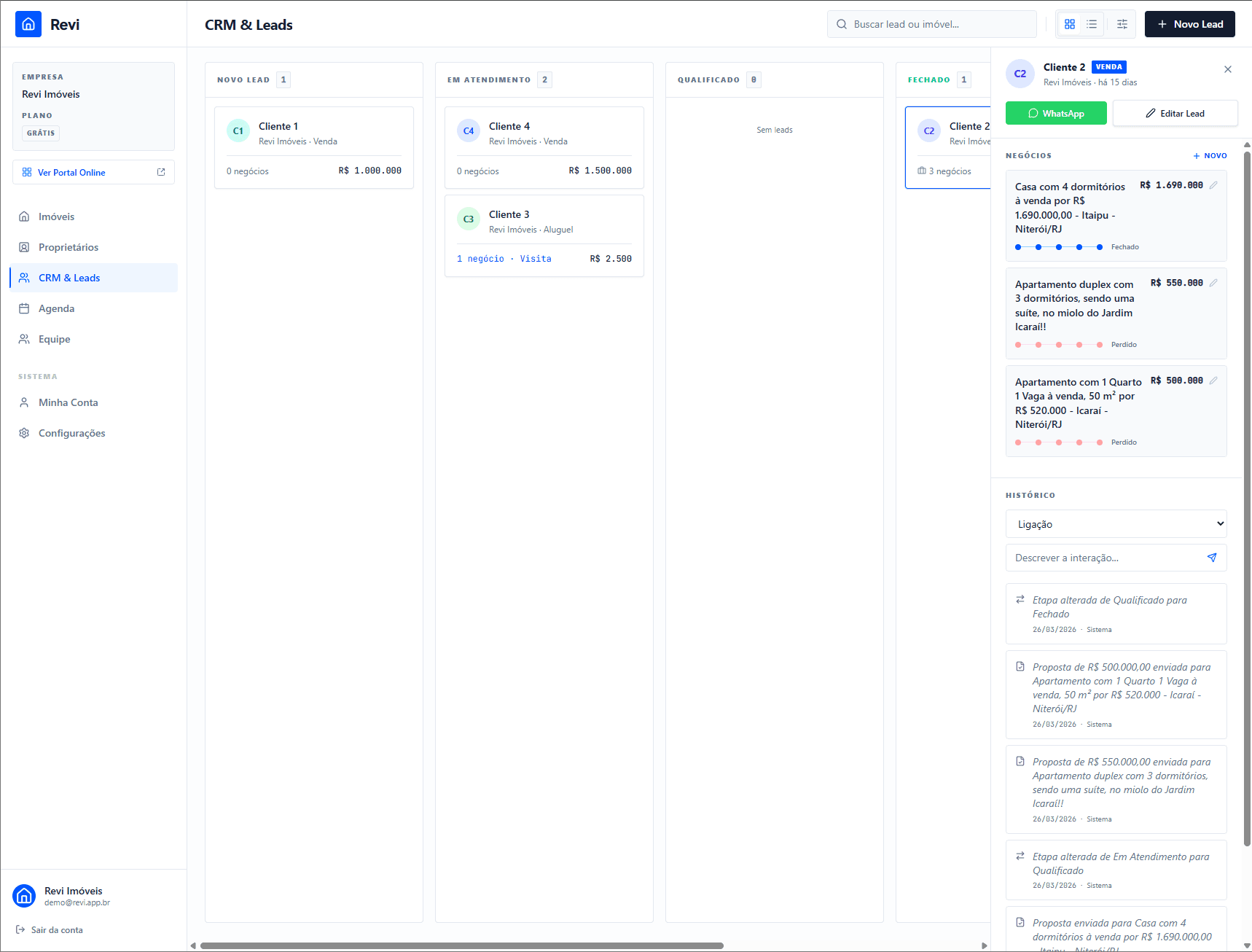 Drawer lateral com negócios e histórico do lead