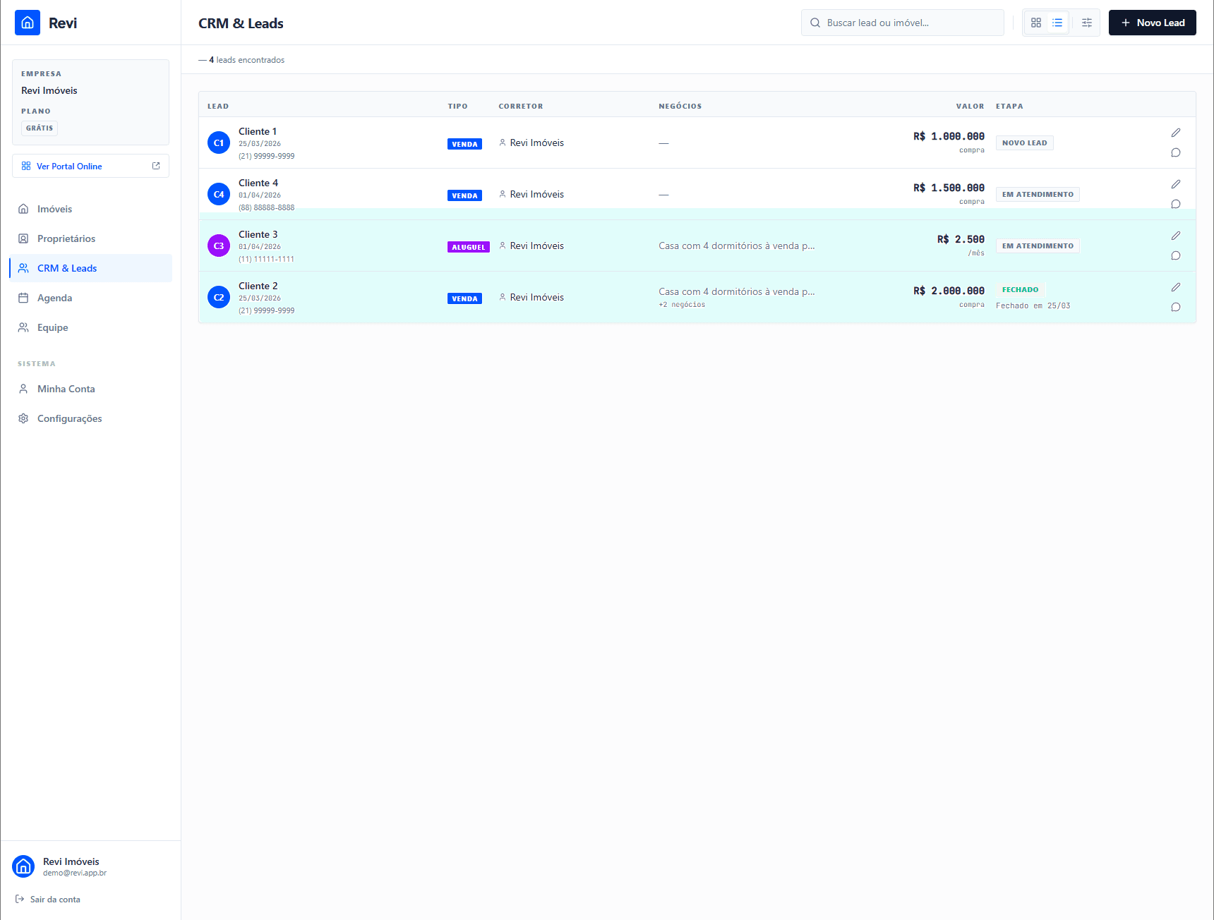 Vista lista com tabela de leads