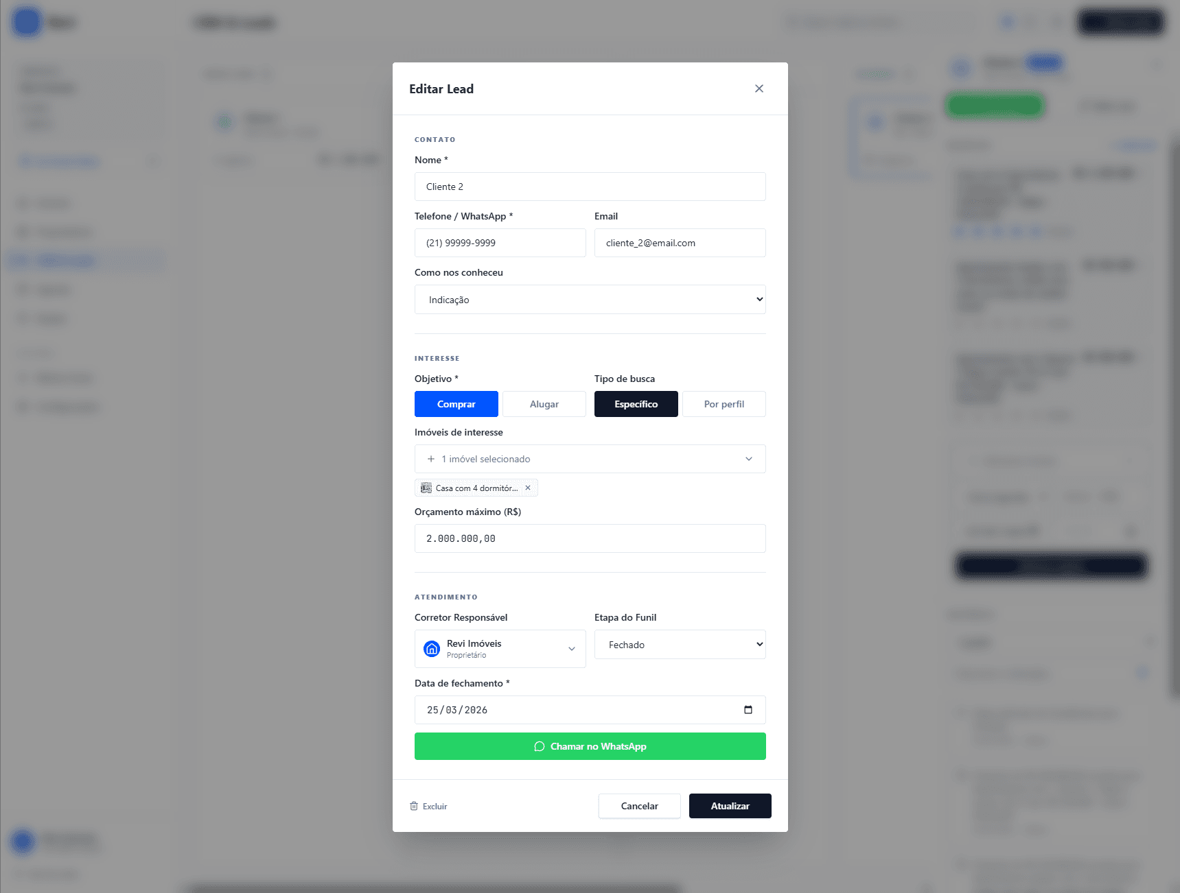 Modal de cadastro e edição de lead em 3 seções