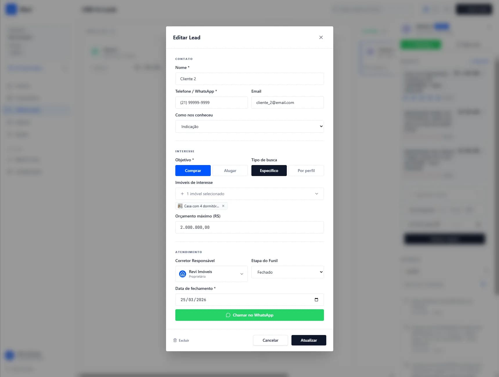 Modal de cadastro e edição de lead em 3 seções
