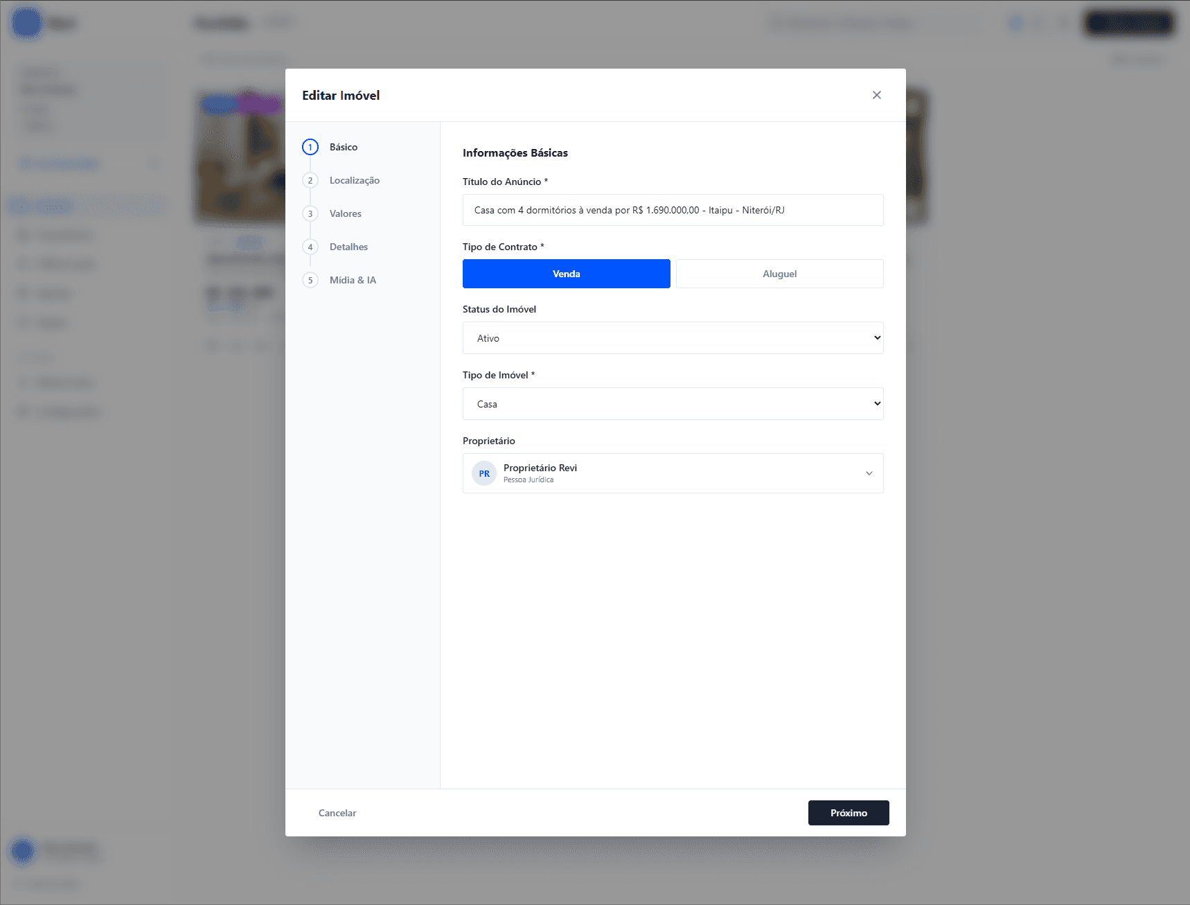 Modal de cadastro de imóvel em 5 etapas