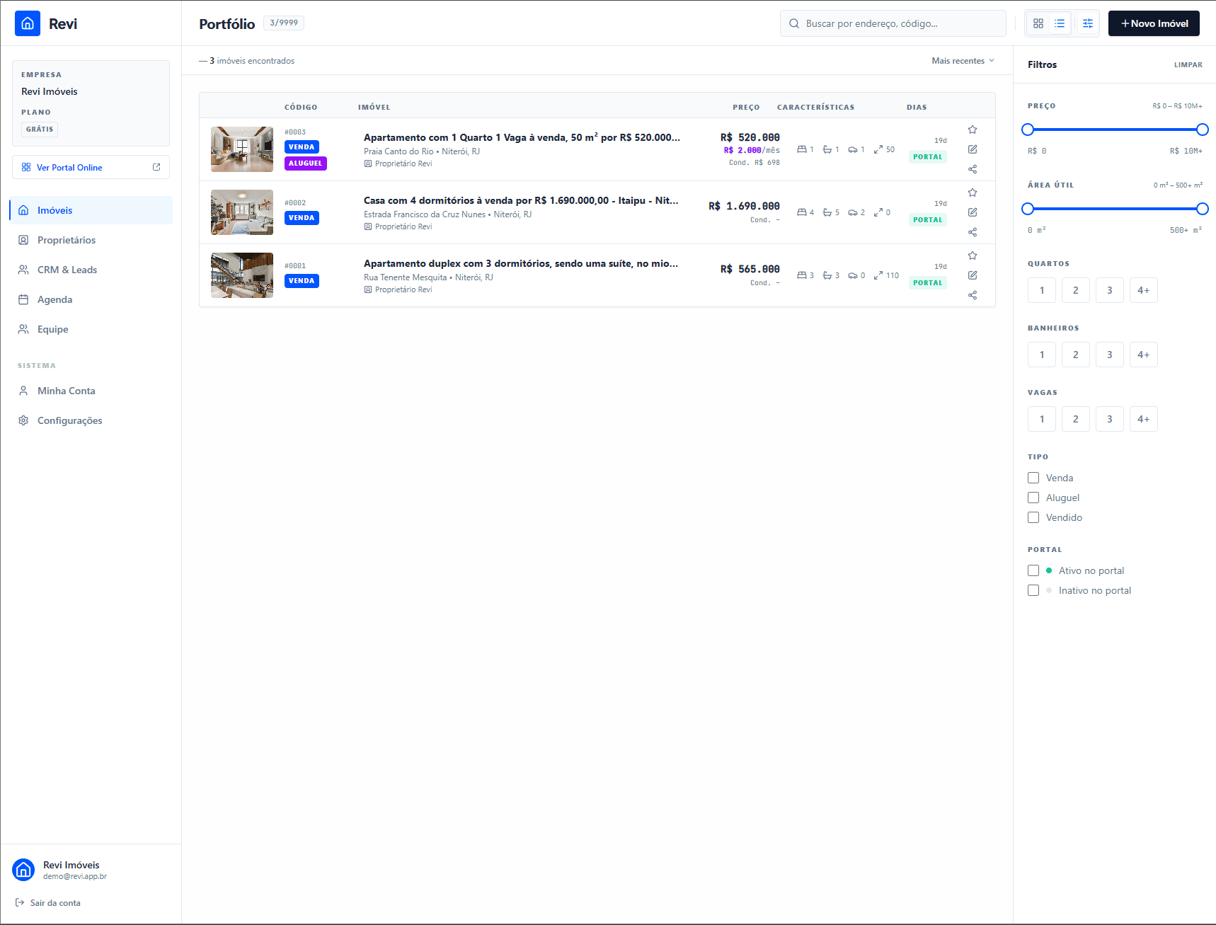Painel de filtros avançados de imóveis