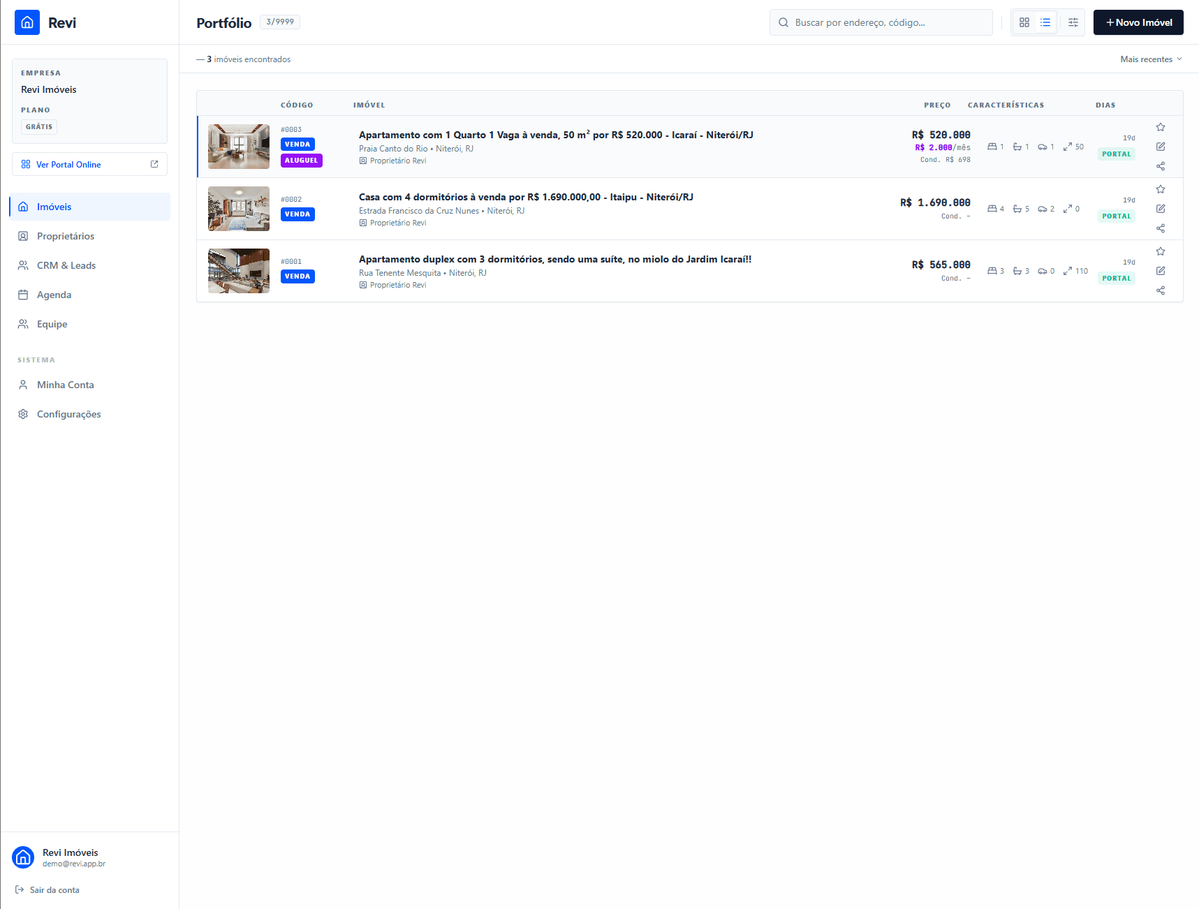 Visualização em lista compacta de imóveis