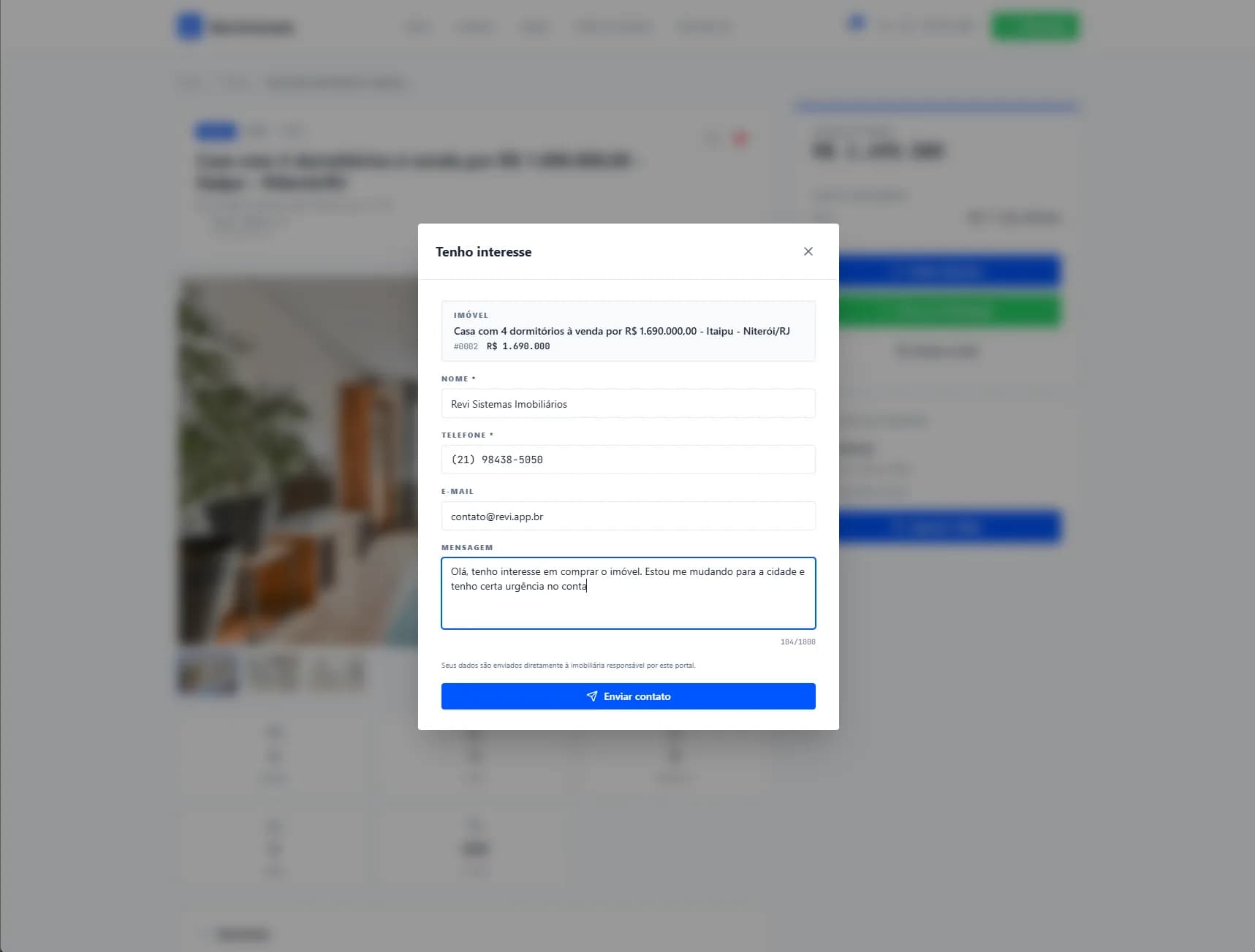 Formulário "Tenho interesse" preenchido na página de um imóvel do portal