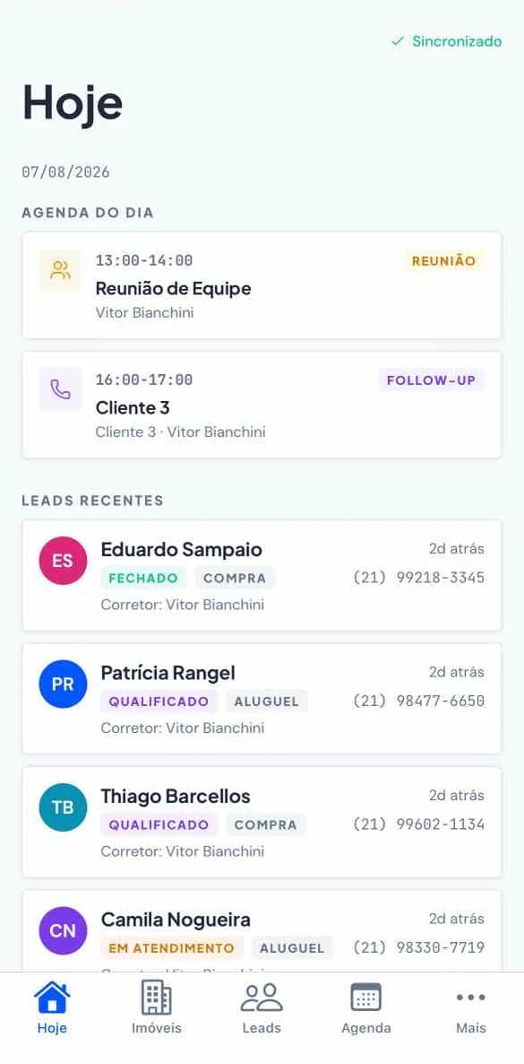 Revi Mobile - tela Hoje com agenda do dia e leads recentes