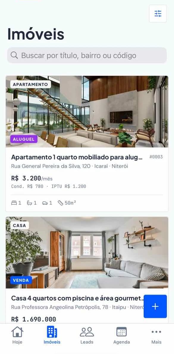 Revi Mobile - lista de imóveis com foto, preço, endereço e filtros