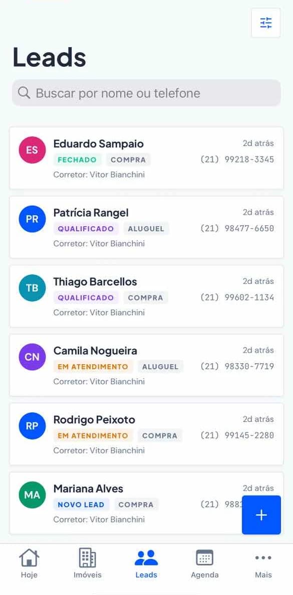 Revi Mobile - lista de leads com etapa do funil, finalidade e telefone