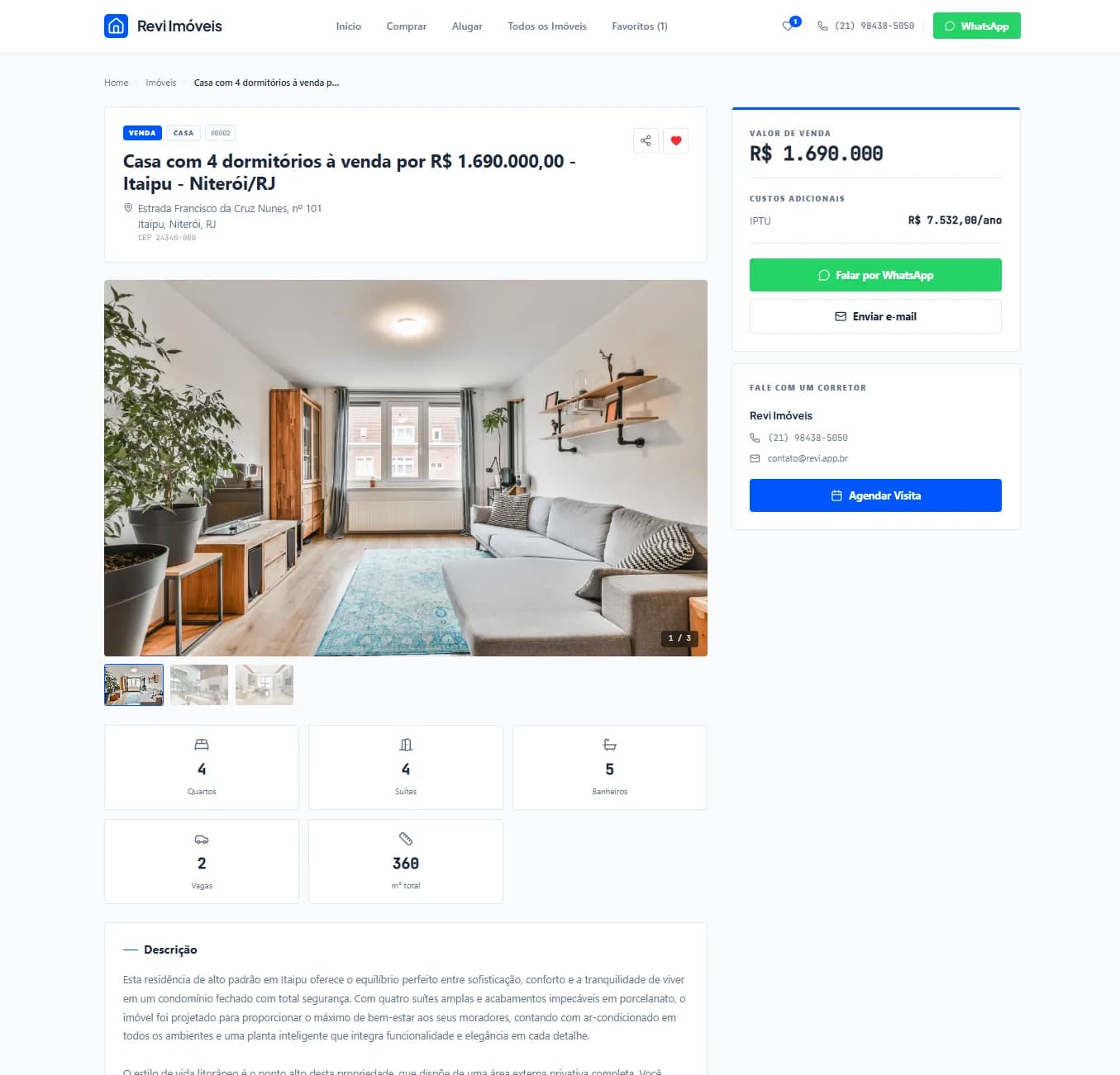 Página de detalhe do imóvel com galeria, specs e WhatsApp