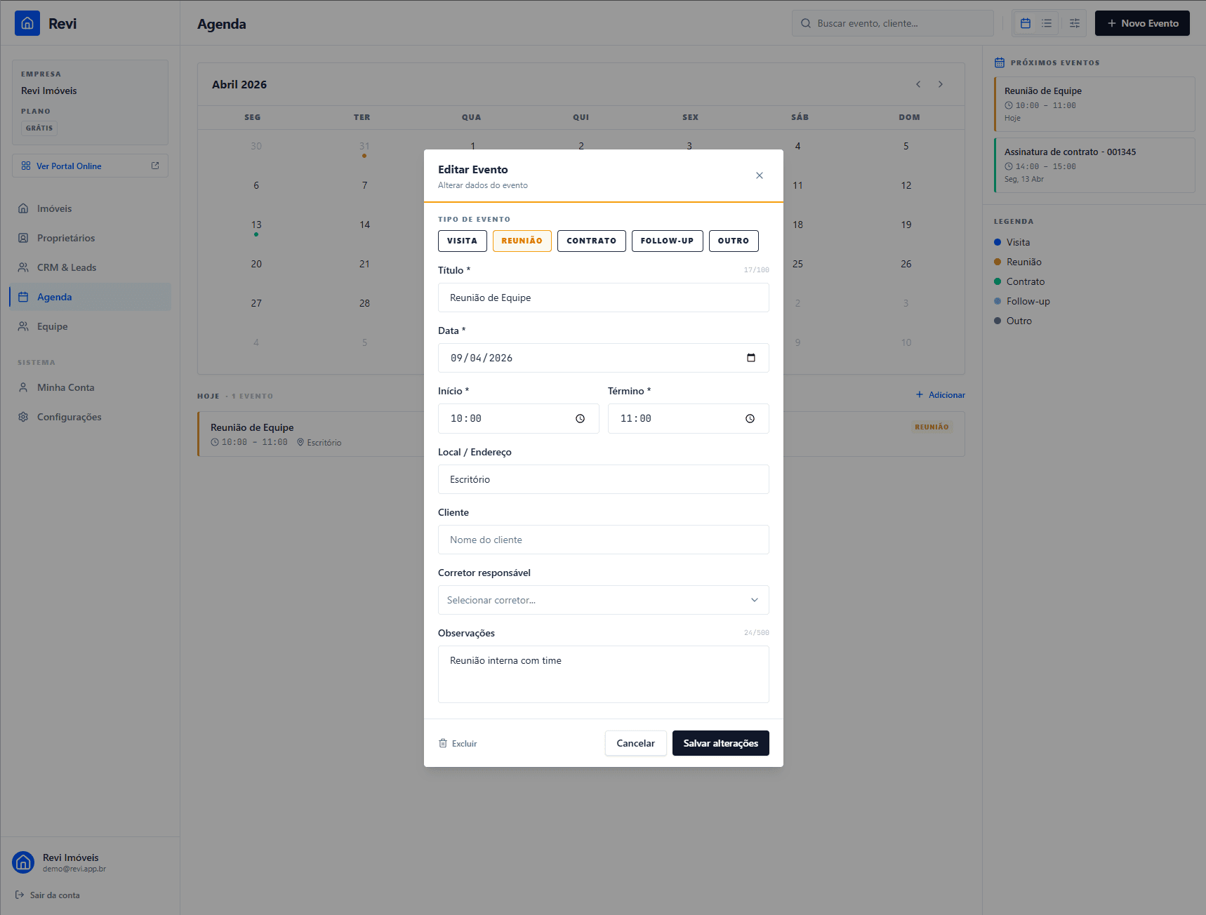 Modal de criação e edição de evento com tipo, título, data, horário e corretor