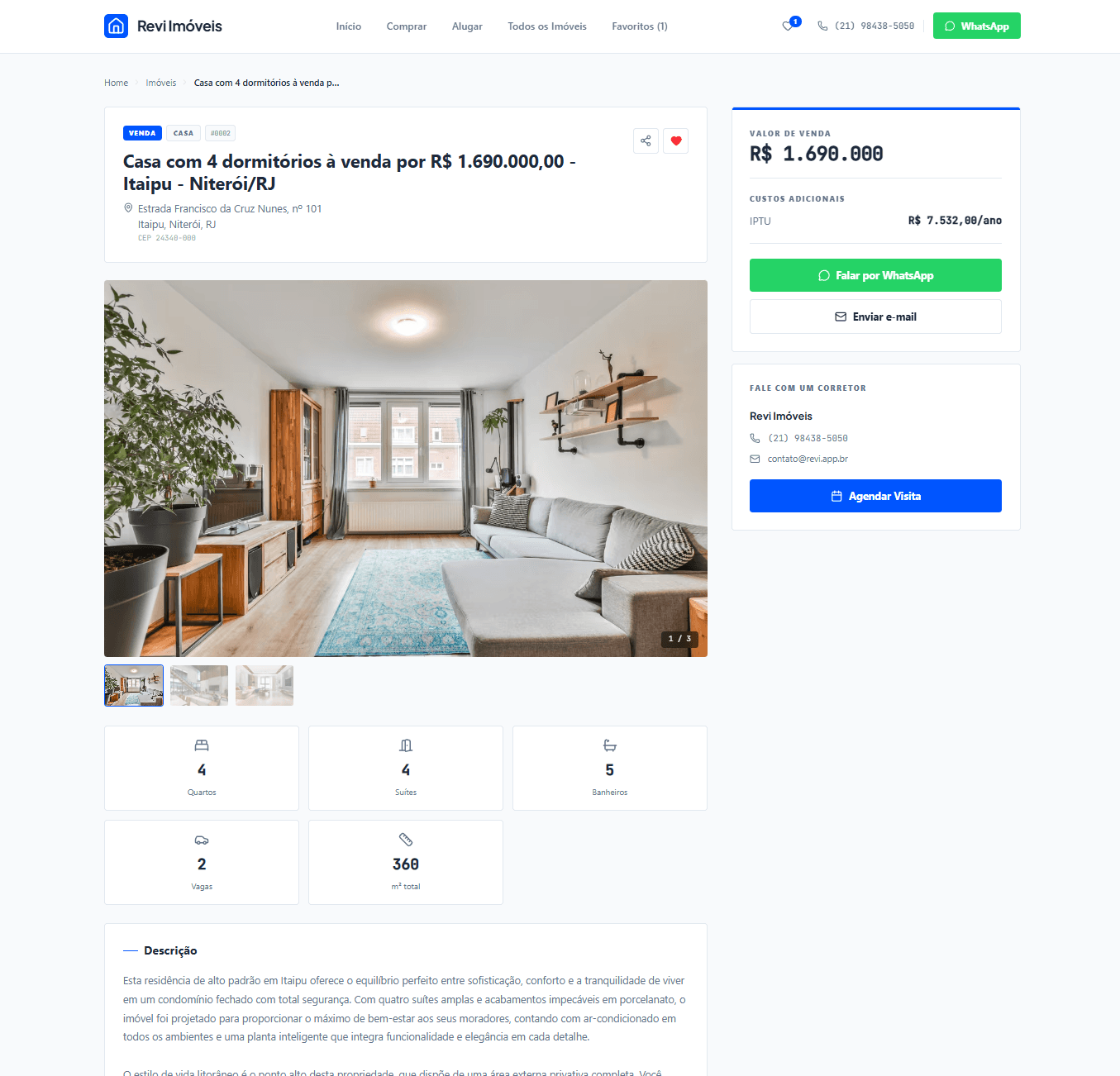 Página de detalhe do imóvel com galeria, specs e WhatsApp