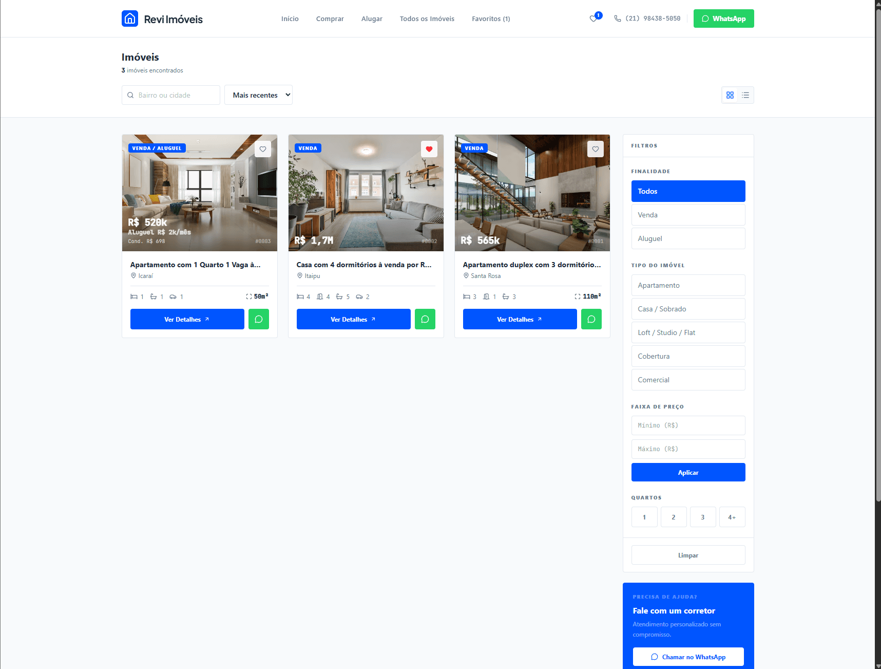 Listagem de imóveis em grade no portal
