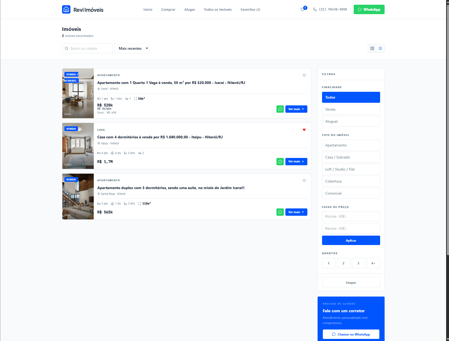 Listagem de imóveis em lista no portal