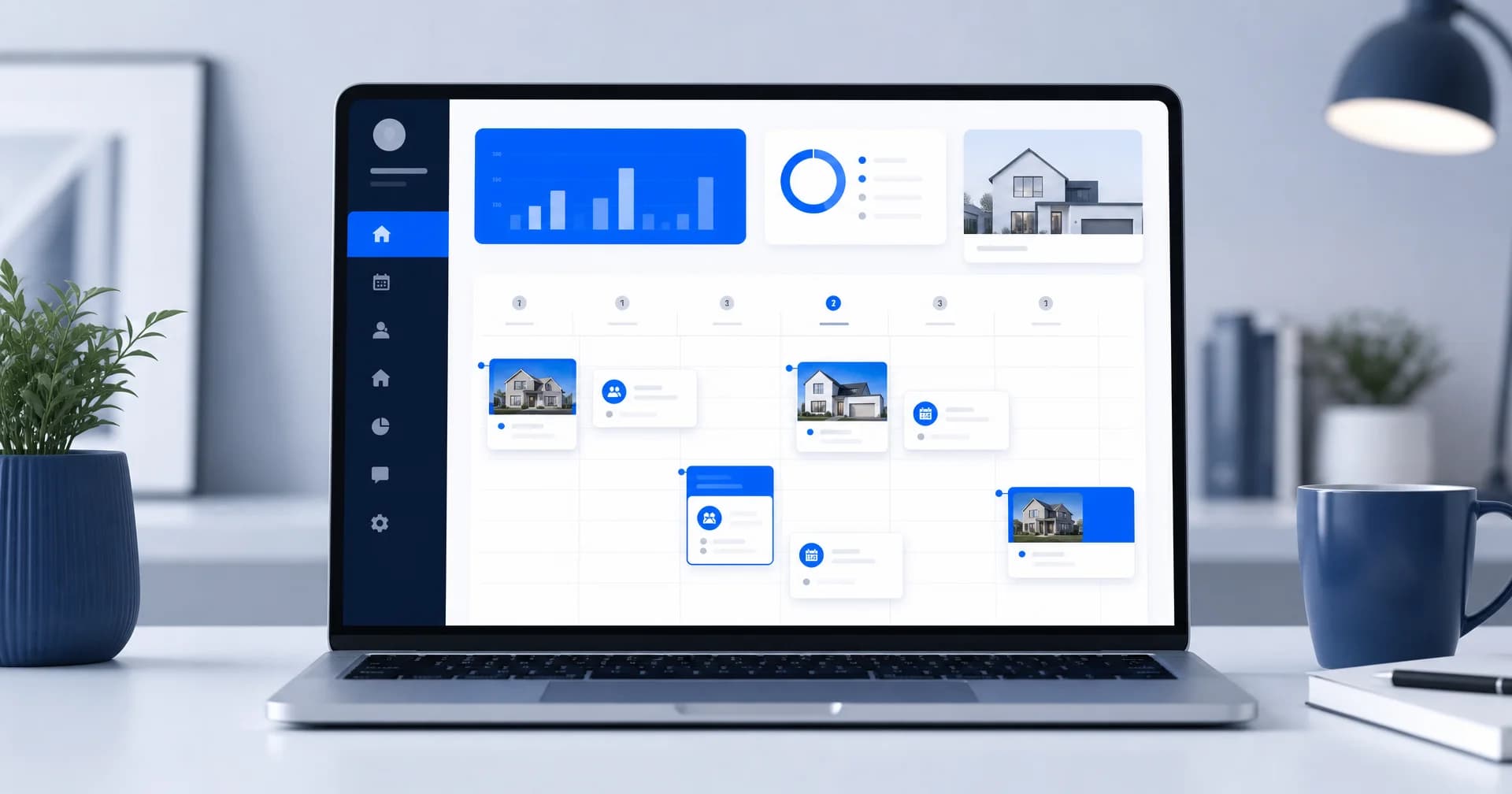 Ilustração de um calendário e painel de agenda imobiliária em um laptop, com compromissos de visitas e reuniões