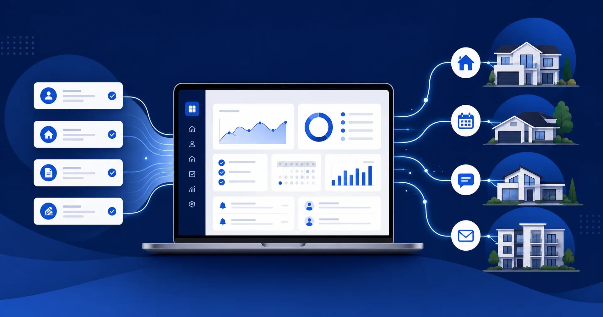Painel de gestão imobiliária em um notebook distribuindo tarefas automáticas para imóveis, agenda e mensagens