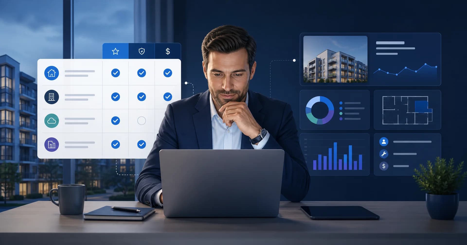 Gestor de imobiliária avaliando sistemas de gestão em um notebook, com checklist comparativo e painéis de imóveis ao lado