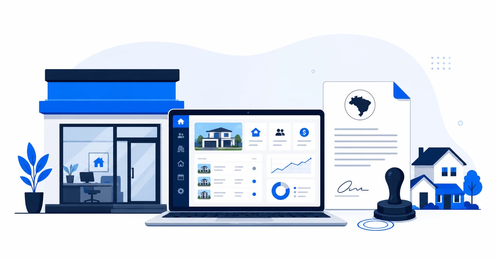 Ilustração de uma imobiliária com fachada de loja, laptop exibindo painel de gestão de imóveis e documento de registro empresarial com carimbo