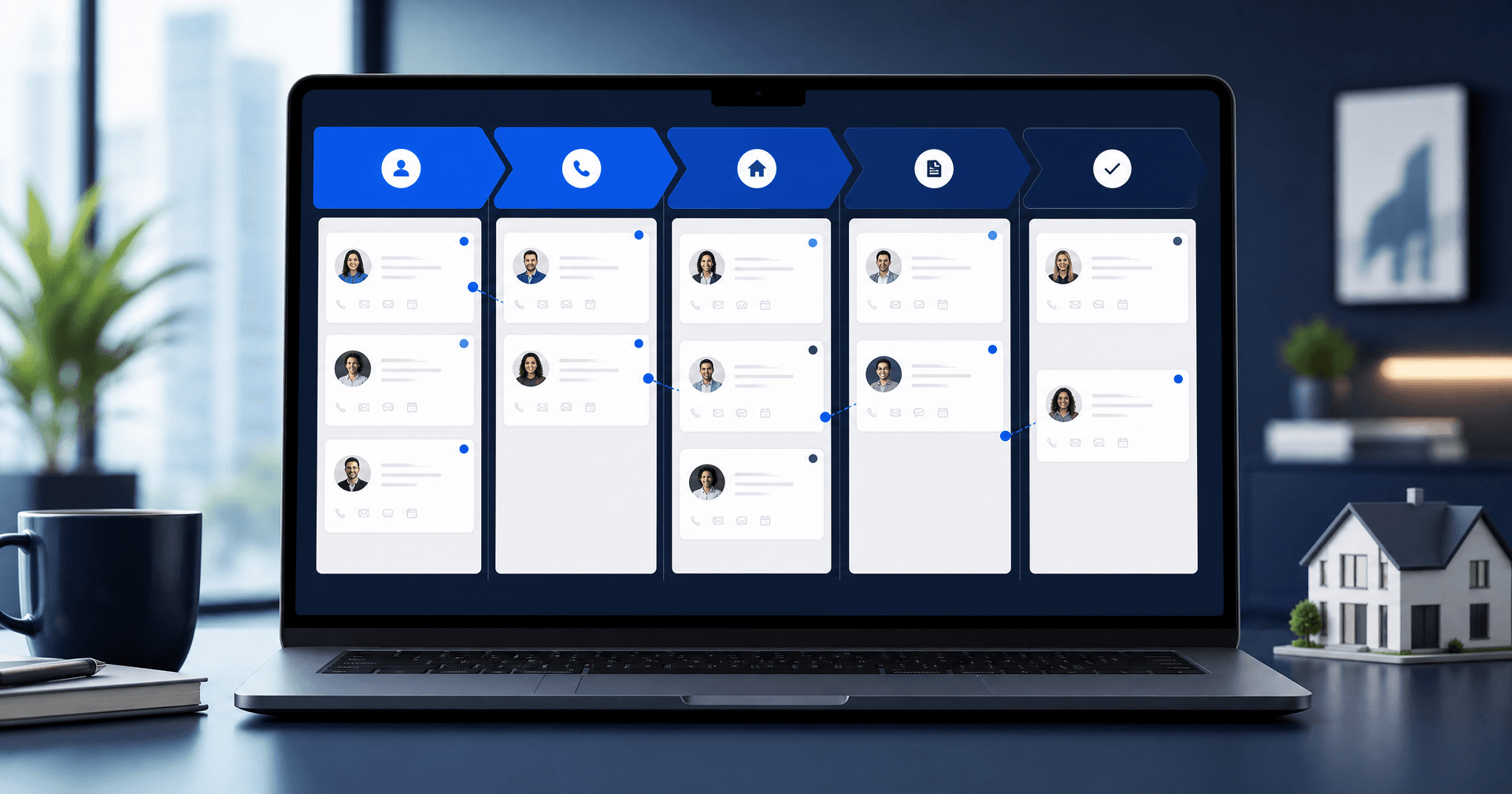 Funil de vendas imobiliário em formato kanban exibido na tela de um notebook