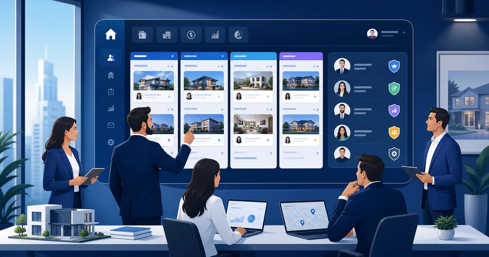 Gestão de equipe imobiliária: gestor e corretores organizados em torno de um painel digital com funil de vendas e níveis de acesso