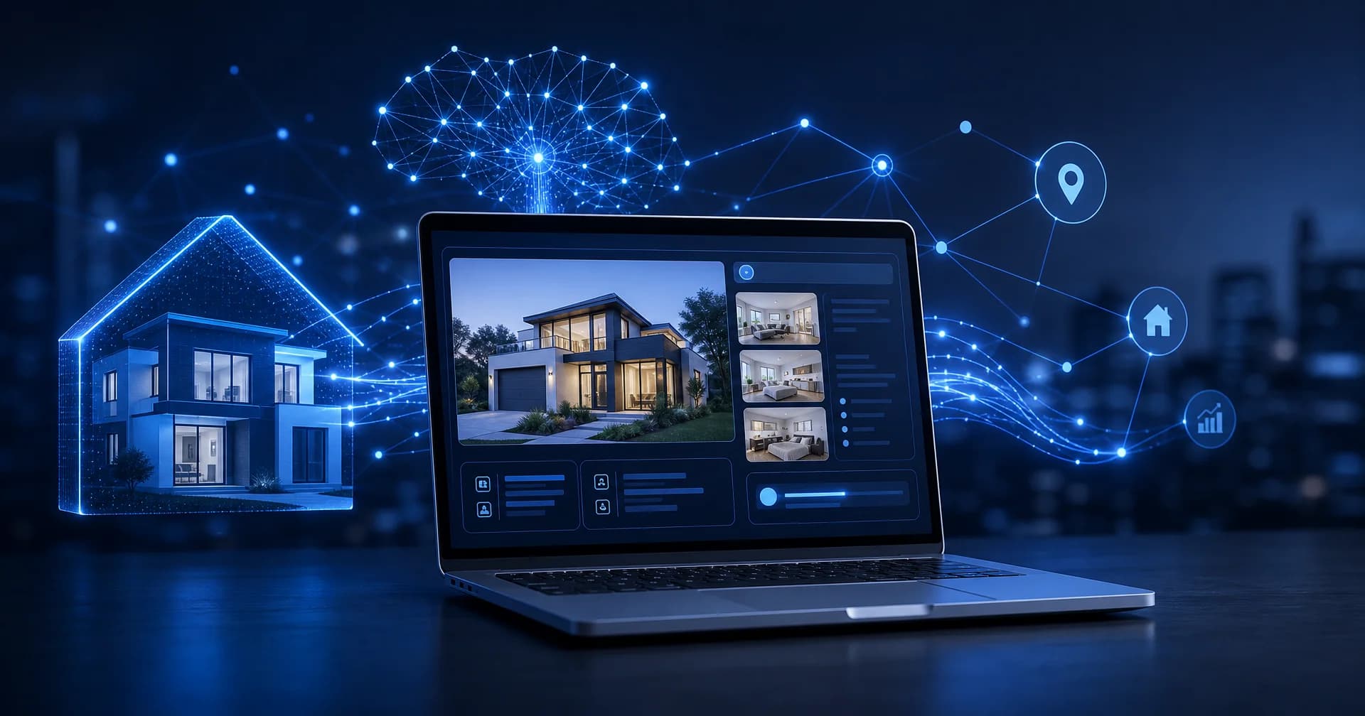 Notebook exibindo um anúncio de imóvel gerado por inteligência artificial, com nós de rede neural e ícone de casa em tons de azul e navy