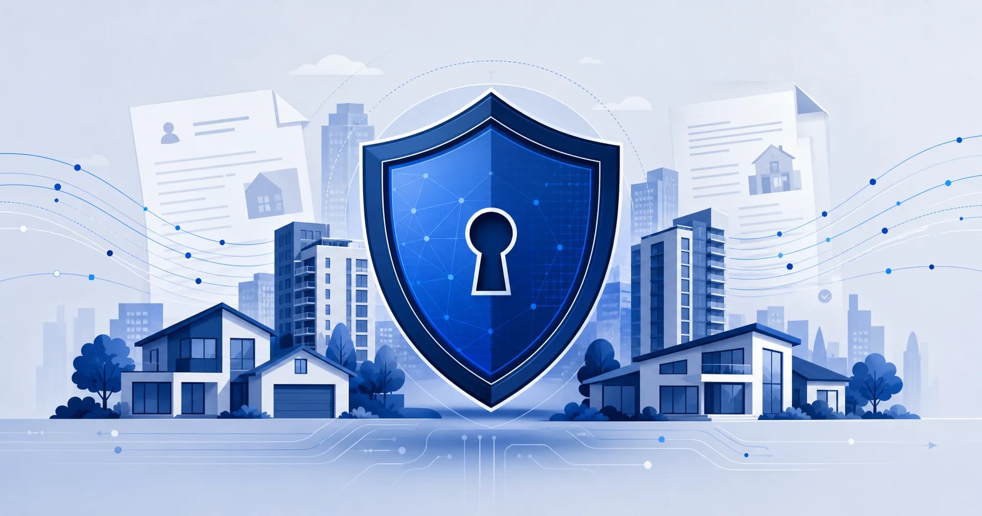 Ilustração de escudo azul com fechadura sobre silhuetas de imóveis e documentos, representando proteção de dados no mercado imobiliário