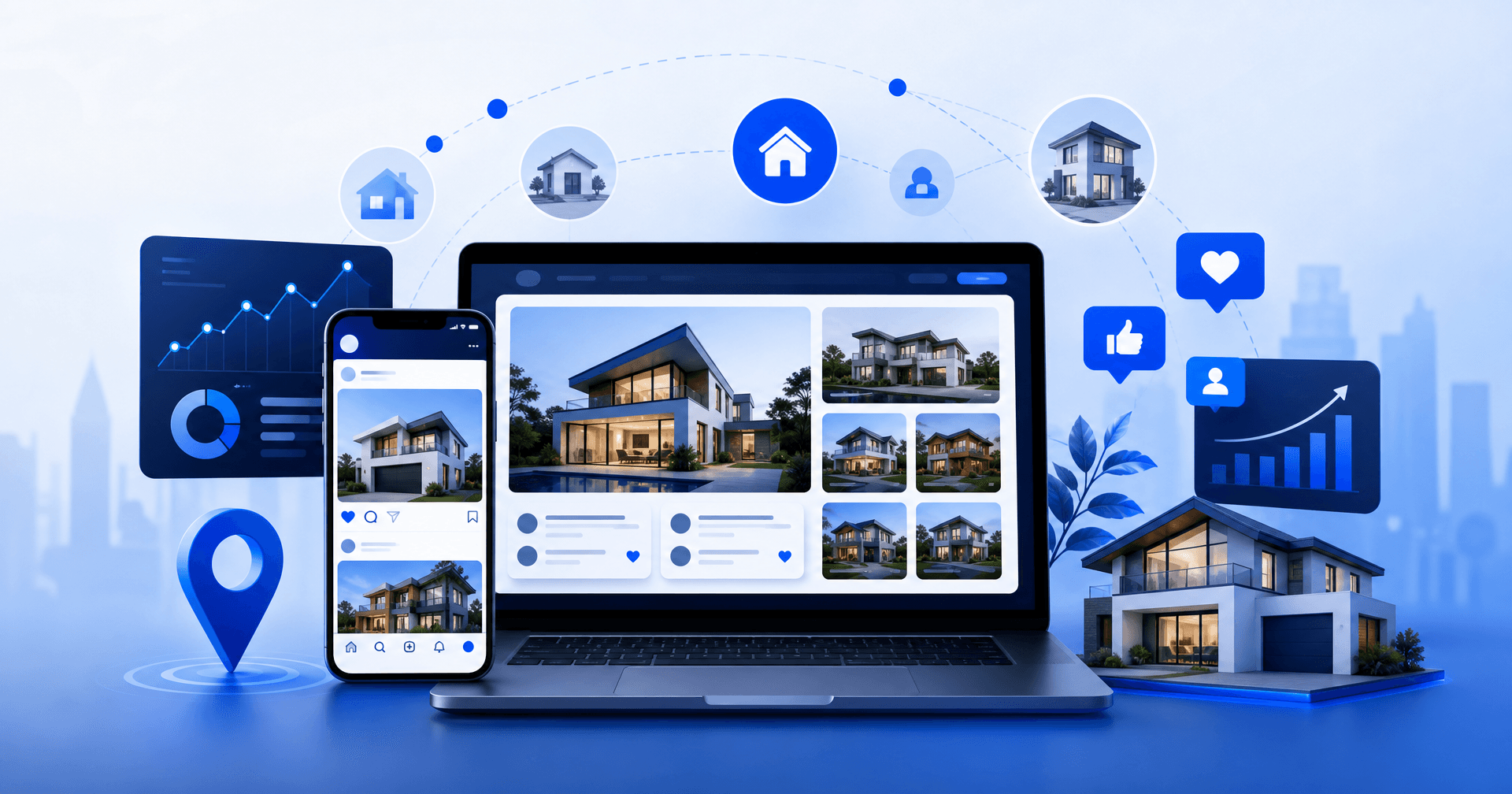Ilustração de marketing imobiliário digital com smartphone e notebook exibindo anúncios de imóveis, ícones de casas, gráficos e localização