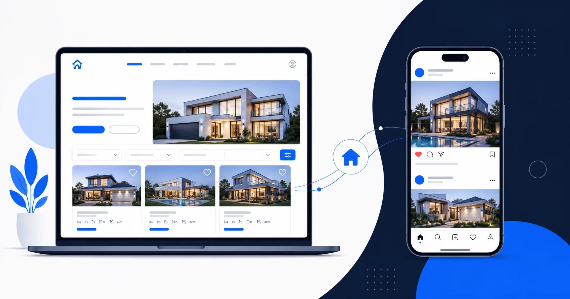 Notebook exibindo um portal de imóveis próprio ao lado de um celular com feed de rede social, conectados por uma linha, ilustrando a comparação entre canais de publicação de imóveis
