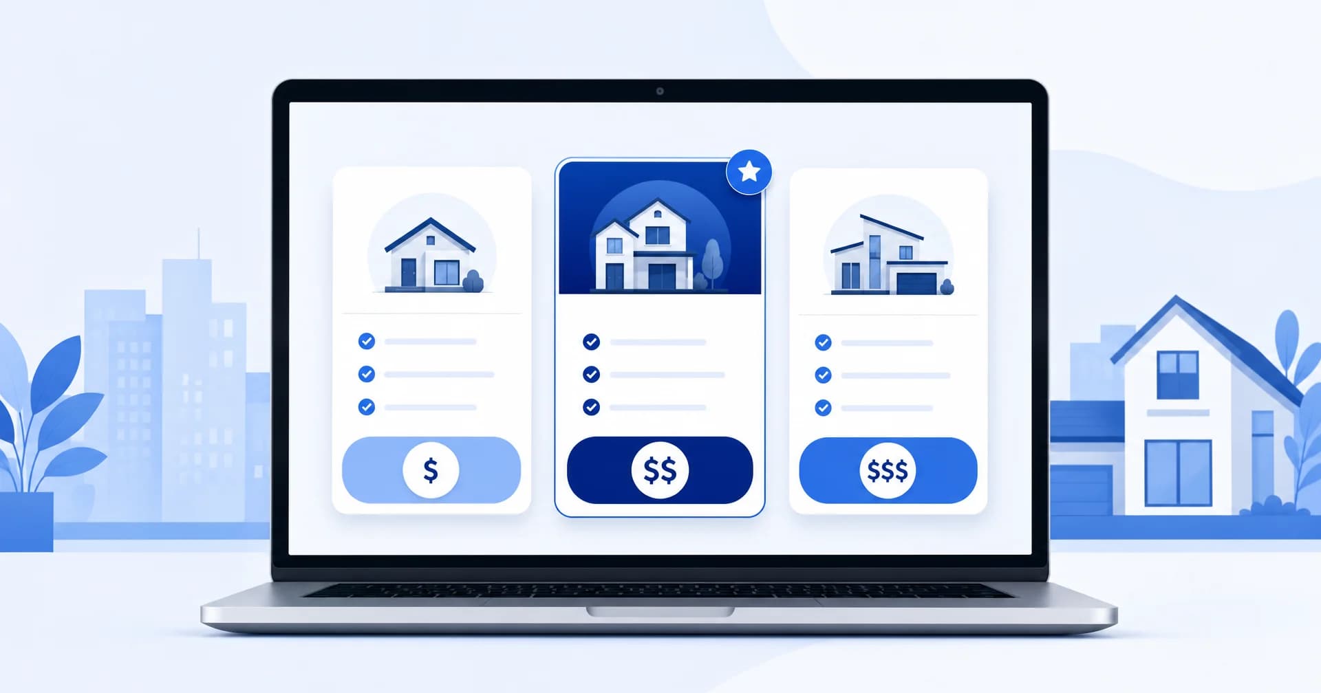 Planos e preços de um sistema imobiliário exibidos na tela de um laptop, em tons de azul e navy