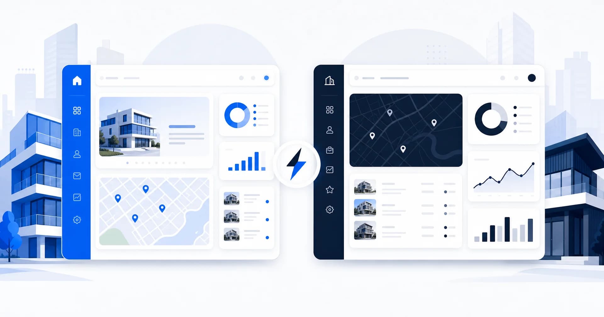 Duas interfaces de sistema imobiliário lado a lado, uma em azul e outra em navy, representando o comparativo entre Revi e Kenlo