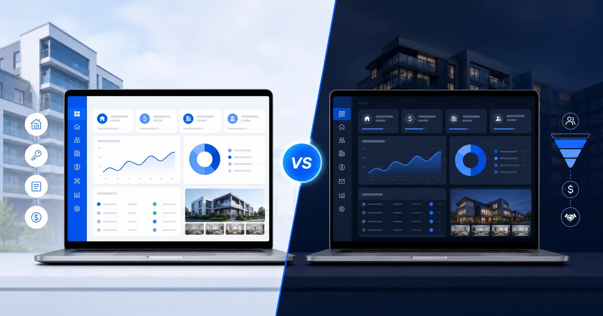 Comparativo entre os sistemas imobiliários Revi e Tecimob em telas de notebook lado a lado