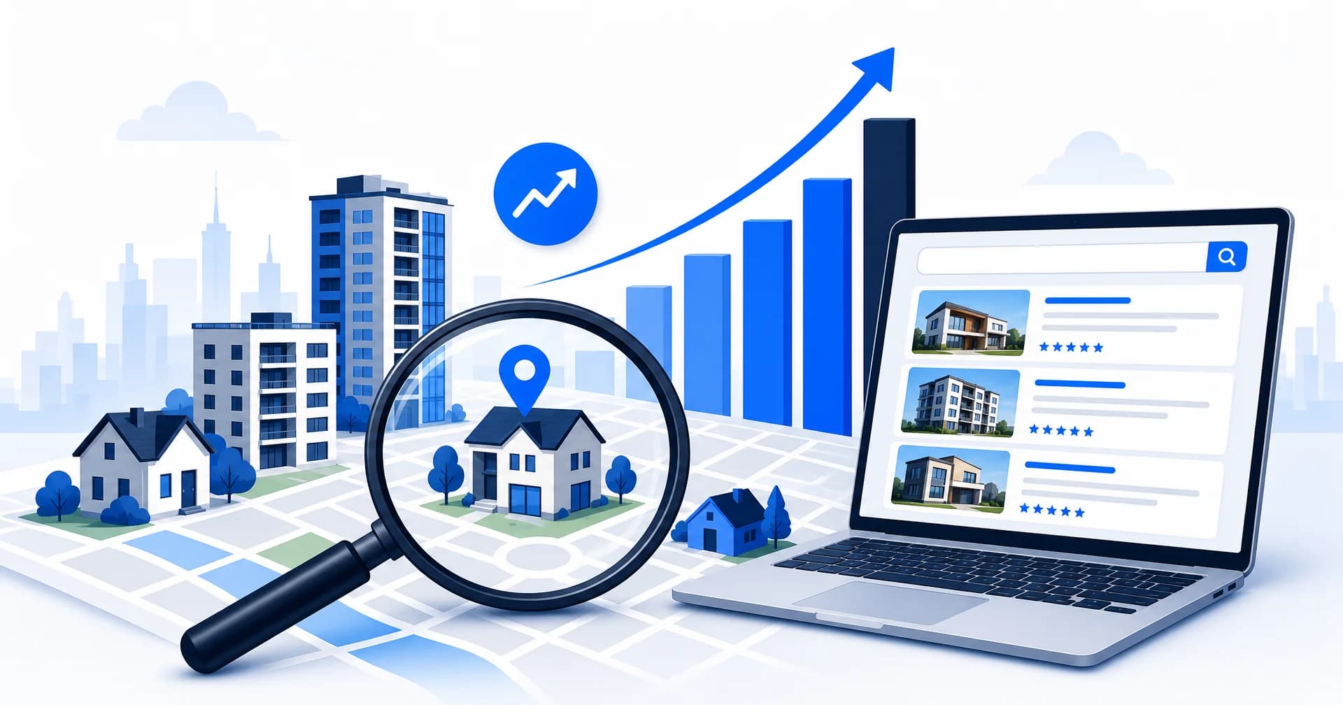 Ilustração de SEO imobiliário com lupa sobre mapa da cidade, gráficos de ranqueamento e site de imóveis no topo da busca do Google