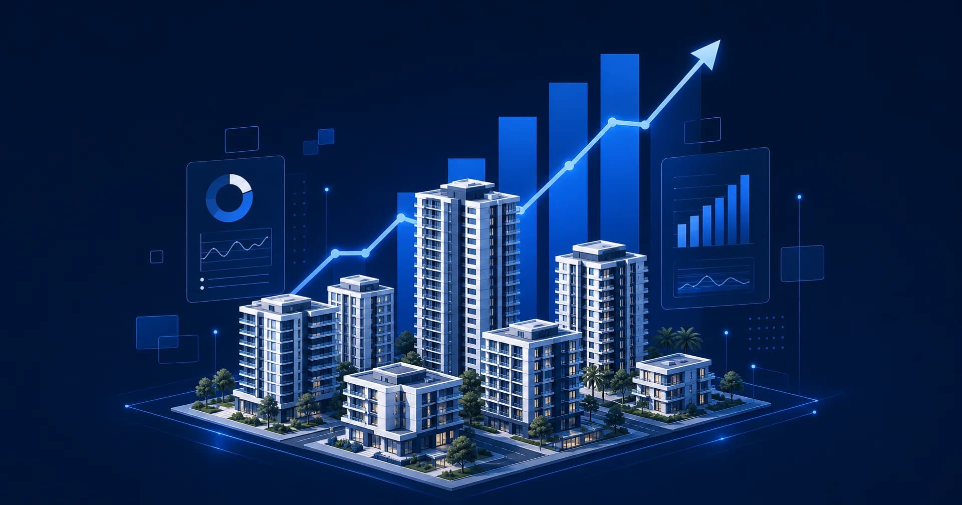 Ilustração isométrica de prédios residenciais com gráfico de linha ascendente e painéis de dados em tons de azul, representando as tendências do mercado imobiliário brasileiro em 2026