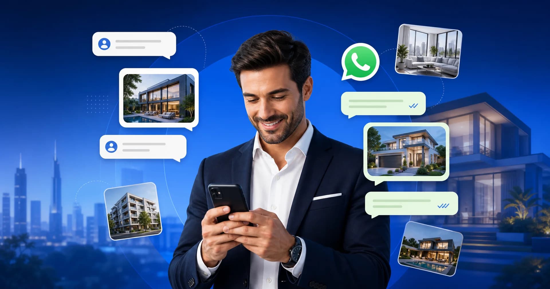 Corretor de imóveis usando WhatsApp no celular para atender clientes, com conversa e fotos de imóveis na tela